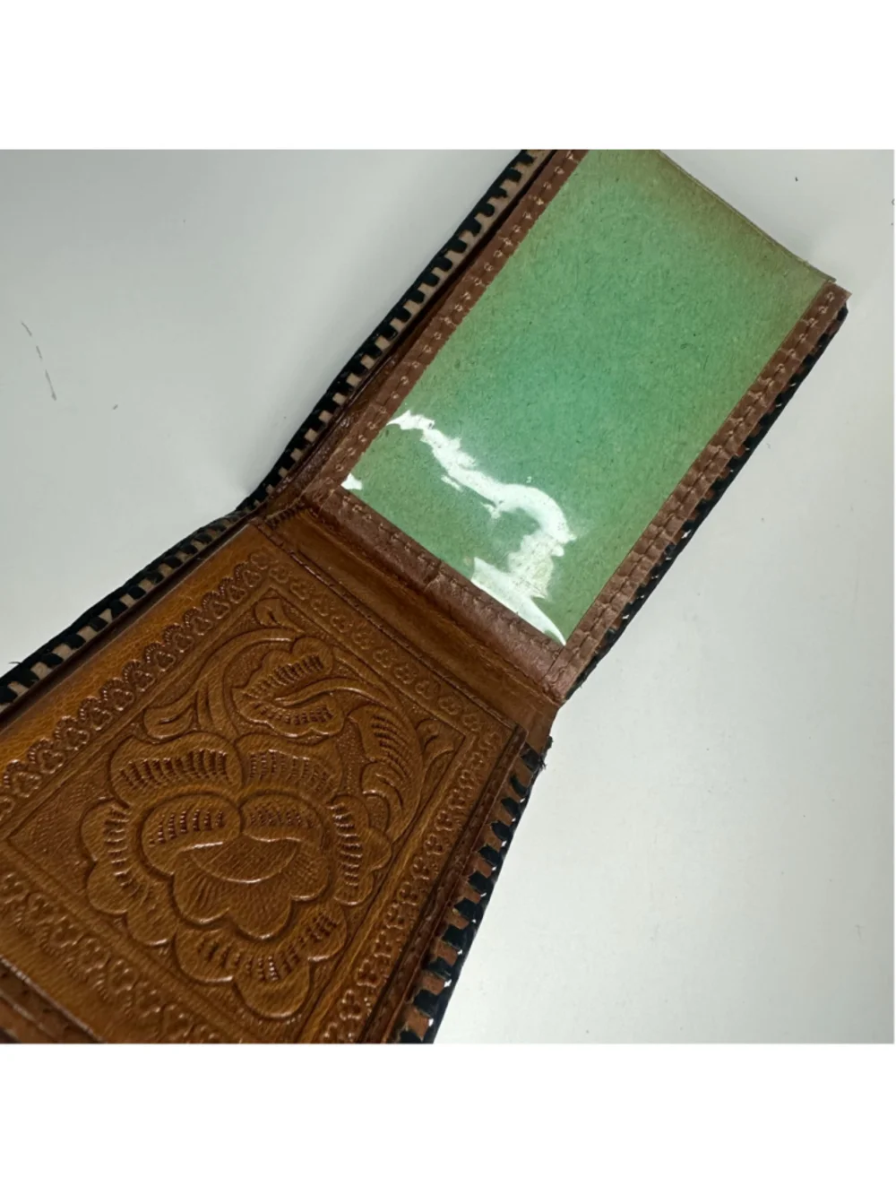 Vintage New Men's Brown Tooled Leather Wallet with Floral & Eagle Bird Design